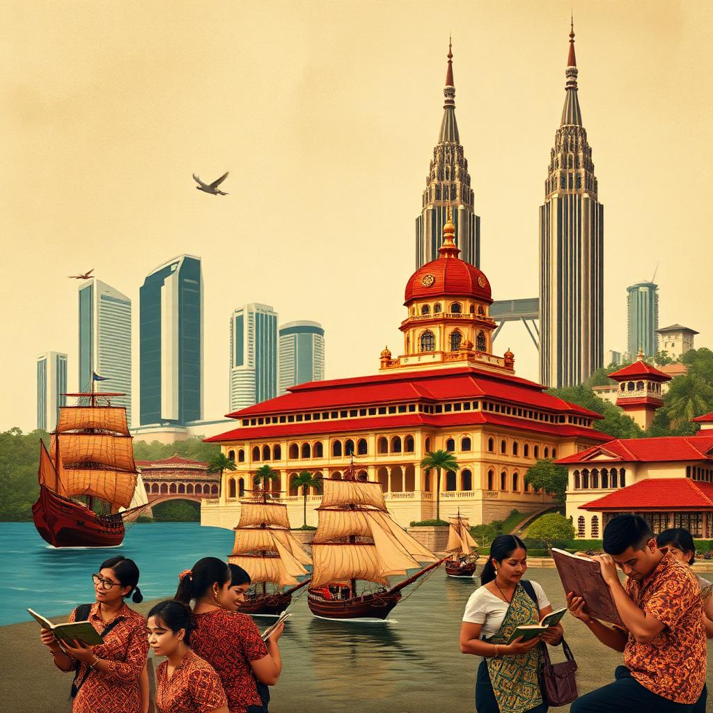 Kolaj sejarah Malaysia: istana Melaka, KLCC, kapal layar dan pelajar